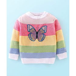 Babyhug Knit Full Sleeves Striped Sweater with Butterfly Design - Multicolour