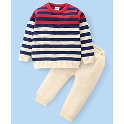 Babyhug Knitted Full Sleeves Striped Sweater Set - Red & Cream