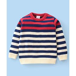 Babyhug Knitted Full Sleeves Striped Sweater Set - Red & Cream