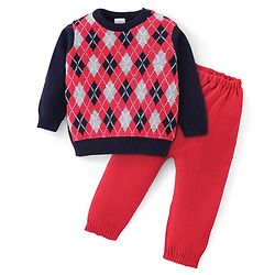 Babyhug Full Sleeves Sweater and Pant Set Intarsia Print - Red & Navy Blue
