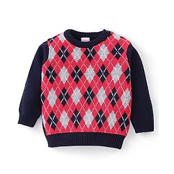 Babyhug Full Sleeves Sweater and Pant Set Intarsia Print - Red & Navy Blue