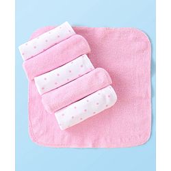 Babyhug Cotton Knit Wash cloth Polka Dot Print Pack of 6 - Pink & White