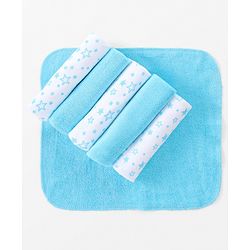 Babyhug Cotton Knit  Wash cloth Star Print Pack of 6 - Blue & White