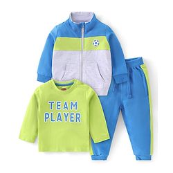 Babyhug 100% Cotton Knit Full Sleeves With T-Shirt Jacket & Lounge Pants & Text Print - Blue & Green
