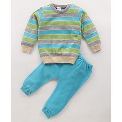 Babyhug Knit Full Sleeves Striped Sweater Set - Blue