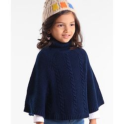 Babyhug Knit Solid Woollen Poncho Cable Knit Design - Navy Blue