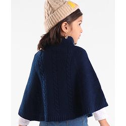 Babyhug Knit Solid Woollen Poncho Cable Knit Design - Navy Blue