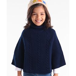 Babyhug Knitted Solid Woollen Poncho Cable Knit Design - Navy Blue