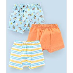 Babyhug 100% Cotton Knit Briefs Stripes & Elephant Print Pack of 3 - Orange & Blue