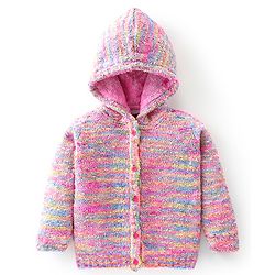 Babyhug Knitted Full Sleeves Front Open Hooded Sweater - Pink & Blue