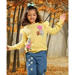 Babyhug Knit Fulkl Sleeves Sequins Embroidered Pullover - Yellow