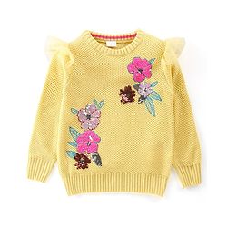 Babyhug Knit Fulkl Sleeves Sequins Embroidered Pullover - Yellow