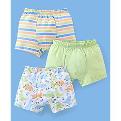 Babyhug 100% Cotton Knit Briefs Stripes & Dino Print Pack of 3 - Green & White