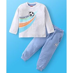 Babyhug Single Jersey Full Sleeves T-Shirt and Lounge Pant Soccer Print - White & Blue