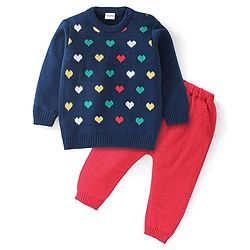 Babyhug Full Sleeves Sweater and Pant Set Heart Design - Navy Blue