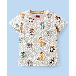 Babyhug Cotton Half Sleeves T-Shirt Tiger & Giraffe Print- White & Peach