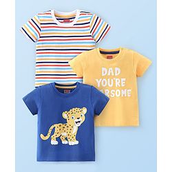 Babyhug Cotton Half Sleeves T-Shirt With Striped & Leopard Print Pack Of 3 - Blue Yellow & White