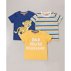 Babyhug Cotton Half Sleeves T-Shirt With Striped & Leopard Print Pack Of 3 - Blue Yellow & White
