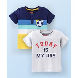Babyhug Cotton Knit Half Sleeves Soccer & Text Printed T-Shirt - Grey & Blue