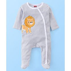 Babyhug Cotton Full Sleeves Sleep Suit Lion & Stripes Print- Lavender & White