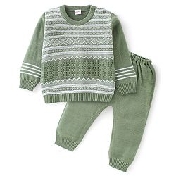 Babyhug Knitted Full Sleeves Baby Sweater Set Cable Knit Design - Green