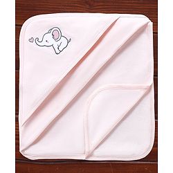 Babyhug Cotton Knit Elephant Embroidered  Hooded Wrapper- Peach