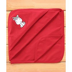 Babyhug Unicorn Embroidered Cotton Knit Hooded Wrapper- Red