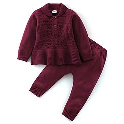 Babyhug Knit Full Sleeves Sweater Heart Design Set - Purple