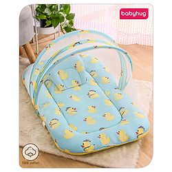 Babyhug Cotton Bedding Set with Mosquito Net Duck Print- Blue