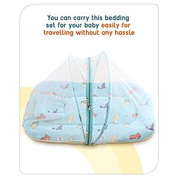 Babyhug Cotton Bedding Set with Mosquito Net Duck Print- Blue