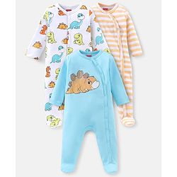 Babyhug Cotton Knit Full Sleeves Footed Sleep Suits Stripes & Dino Print Pack of 3 - Blue White & Orange