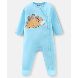 Babyhug Cotton Knit Full Sleeves Footed Sleep Suits Stripes & Dino Print Pack of 3 - Blue White & Orange
