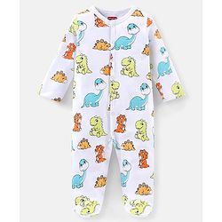 Babyhug Cotton Knit Full Sleeves Footed Sleep Suits Stripes & Dino Print Pack of 3 - Blue White & Orange