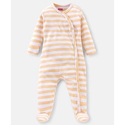 Babyhug Cotton Knit Full Sleeves Footed Sleep Suits Stripes & Dino Print Pack of 3 - Blue White & Orange