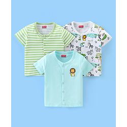 Babyhug 100% Cotton Interlock Knit Half Sleeves Front Open Vests Striped & Animal Print Pack Of 3 - Green White & Blue