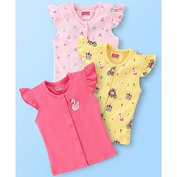 Babyhug 100% Cotton Frill Sleeves Front Open Vests Floral & Castle Print Pack of 3- Pink & Yellow