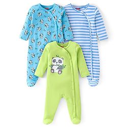 Babyhug Cotton Knit Full Sleeves Footed Sleepsuit with Panda Print Pack of 3 - Blue & Green