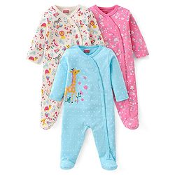 Babyhug Cotton Interlock Knit Full Sleeves Sleep Suit Floral Print Pack of 3 - Multicolor