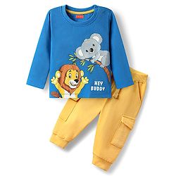 Babyhug 100% Cotton Knit Full Sleeves Lion & Koala Bear Printed T-Shirt & Lounge Pant Set - Blue & Yellow