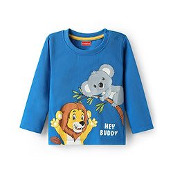 Babyhug 100% Cotton Knit Full Sleeves Lion & Koala Bear Printed T-Shirt & Lounge Pant Set - Blue & Yellow