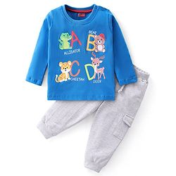 Babyhug Cotton Knit Full Sleeves Wild Animals Printed T-Shirt & Lounge Pant Set - Blue & White Melange