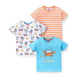 Babyhug Cotton Half Sleeves T-Shirt Stripes & Beach Print Pack of 3- Blue & White