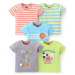 Babyhug Cotton Half Sleeves T-Shirt Stripes & Football Print Pack of 5- Green Grey & Blue