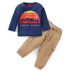 Babyhug 100% Cotton Full Sleeves T-Shirt & Lounge Pant Set With Sun Set Print - Blue & Light Brown