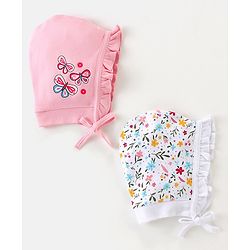 Babyhug 100% Cotton Tie Knot Cap with Floral and Butterfly Print Pack of 2 - Pink & White