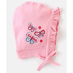 Babyhug 100% Cotton Tie Knot Cap with Floral and Butterfly Print Pack of 2 - Pink & White