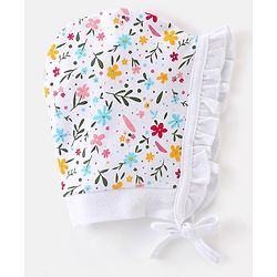 Babyhug 100% Cotton Tie Knot Cap with Floral and Butterfly Print Pack of 2 - Pink & White