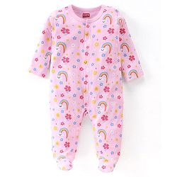 Babyhug Cotton Knit Full Sleeves Footed Sleep Suit Rainbow & Floral Print - Pink