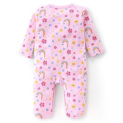 Babyhug Cotton Knit Full Sleeves Footed Sleep Suit Rainbow & Floral Print - Pink