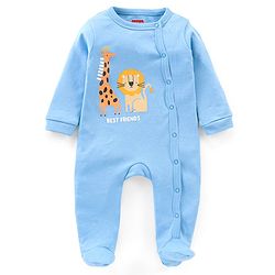 Babyhug Cotton Knit Full Sleeves Footed Sleep Suit Lion Print - Blue